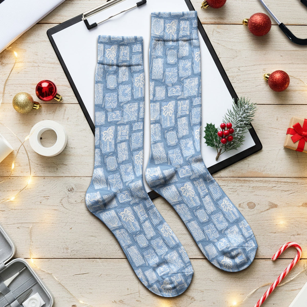 Coastal Seashell Starfish Nurse Pattern Socks, Adult Socks for Men and Women