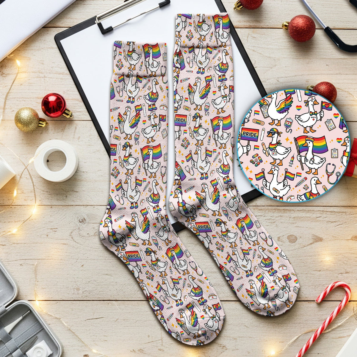 LGBT Pride Nurse Duck Pattern Socks, Breathable Fabrics Medical Uniform
