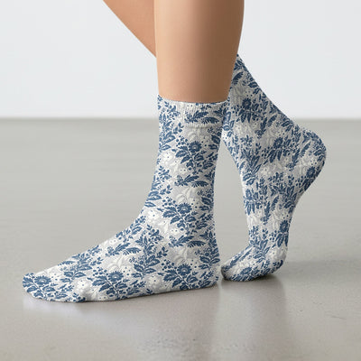 Cute Blue Floral Botanical Nurse Pattern Socks, Socks for Nurse Doctor