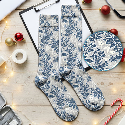 Cute Blue Floral Botanical Nurse Pattern Socks, Socks for Nurse Doctor