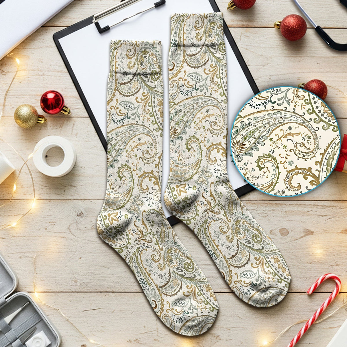 Elegant Sage Green Vintage Paisley Floral Vine Pattern Nurse Socks, Socks for Nurse Doctor
