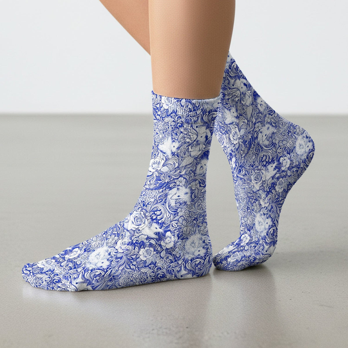 Blue Toile Porcupine Floral Pattern Socks, Socks for Nurse Doctor