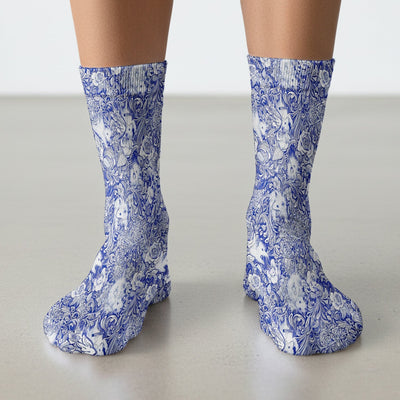 Blue Toile Porcupine Floral Pattern Socks, Socks for Nurse Doctor