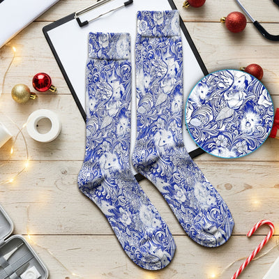 Blue Toile Porcupine Floral Pattern Socks, Socks for Nurse Doctor