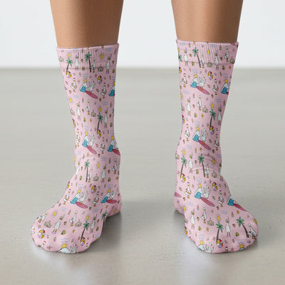Cute Nurse Seagull Surfboard Beach Palm Tree Pattern Socks, Adult Socks for Men and Women