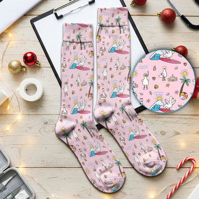 Cute Nurse Seagull Surfboard Beach Palm Tree Pattern Socks, Adult Socks for Men and Women