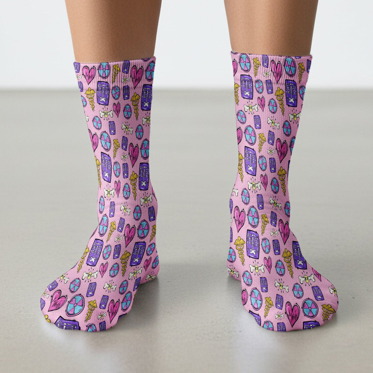 Sassy Nurse Heart Bone Caduceus Xray Icon Print Nurse Socks, Adult Socks for Men and Women