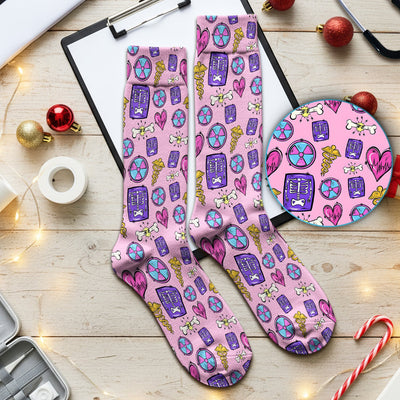 Sassy Nurse Heart Bone Caduceus Xray Icon Print Nurse Socks, Adult Socks for Men and Women