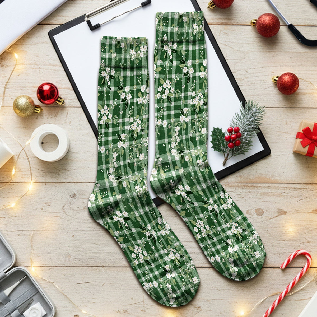 Cute Green Gingham Floral Print Socks, Socks for Nurse Doctor