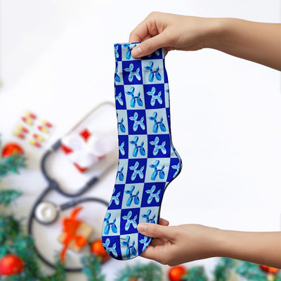 Cute Blue Balloon Dog Checkered Pattern Socks, Socks for Nurse Doctor