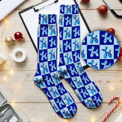 Cute Blue Balloon Dog Checkered Pattern Socks, Socks for Nurse Doctor
