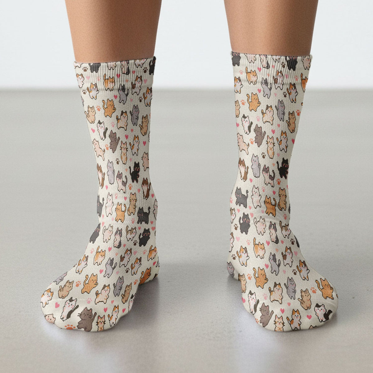 Cute Pixel Cat Heart Paw Pattern Socks, Socks for Nurse Doctor
