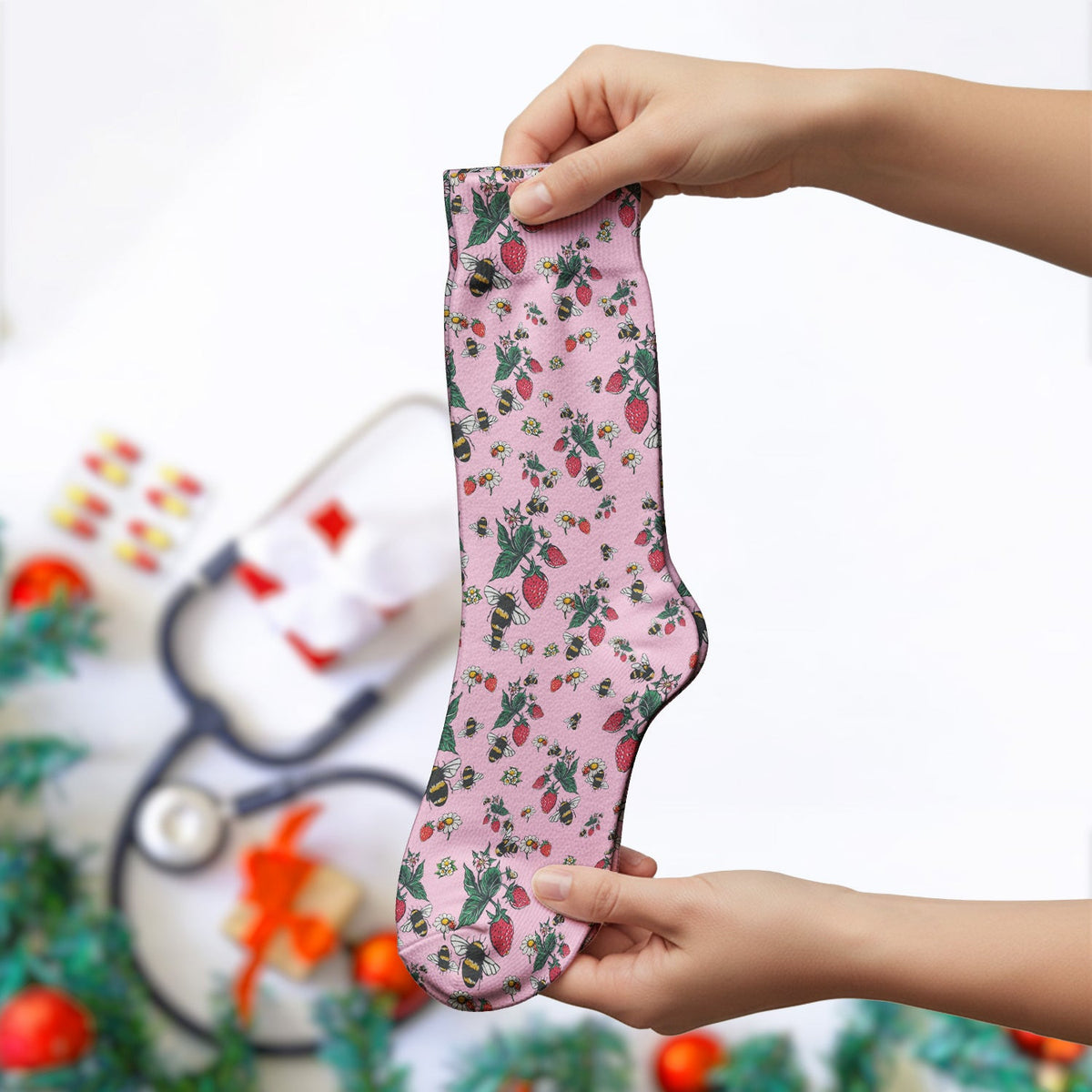 Cute Strawberry Bee Daisy Floral Pattern Scrub Socks, Socks for Nurse Doctor