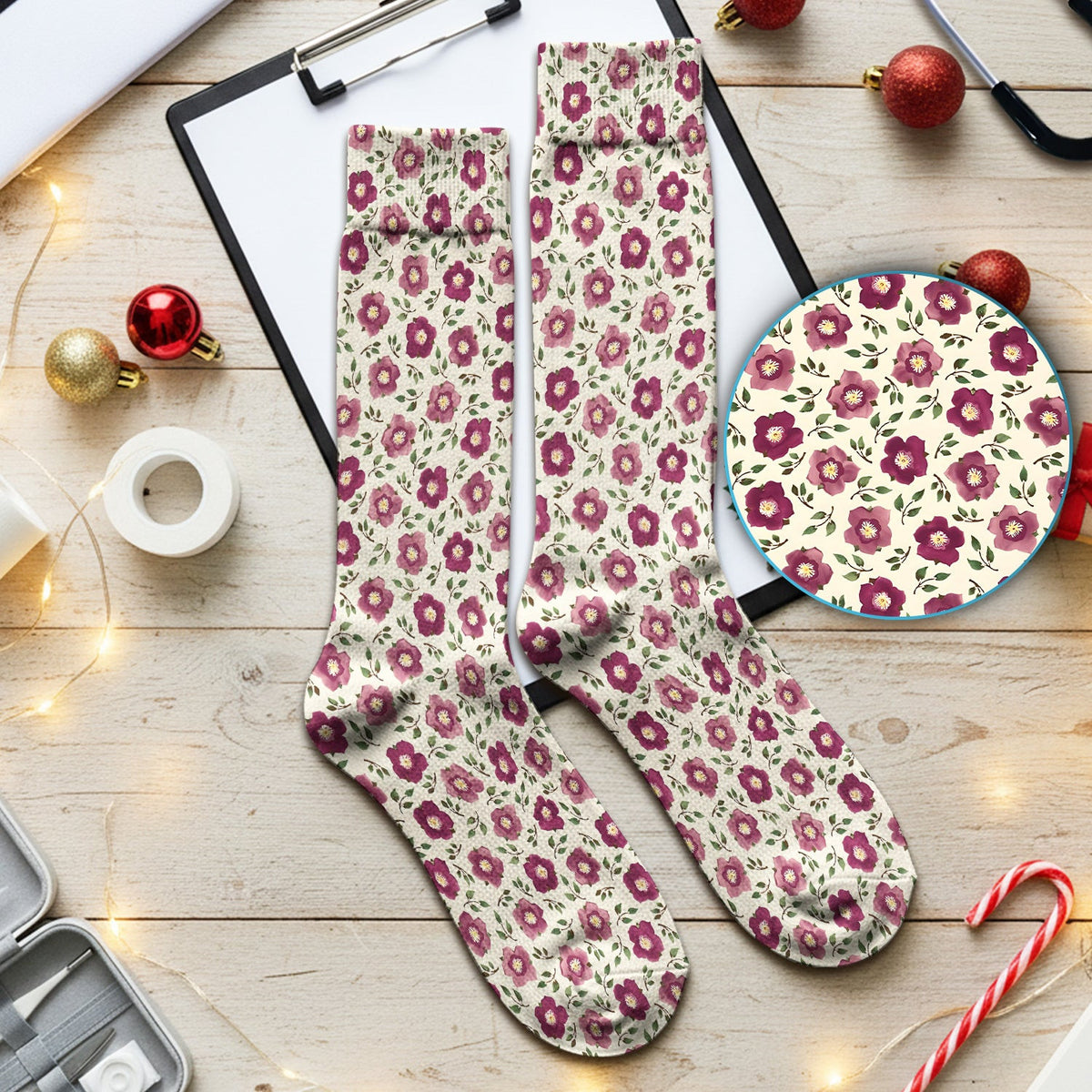 Purple Floral Blossom Leaf Pattern Nurse Socks, Socks for Nurse Doctor