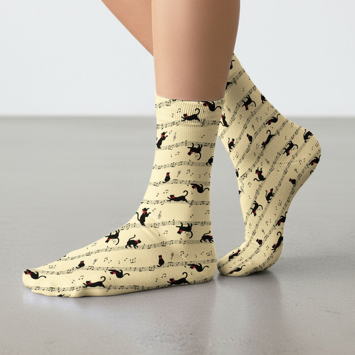 Cute Dancing Black Cat Music Staff Pattern Scrub Socks, Socks for Nurse Doctor