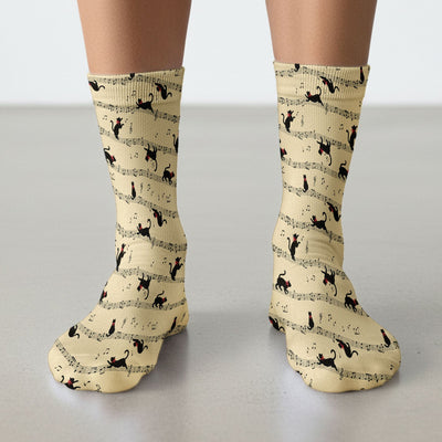 Cute Dancing Black Cat Music Staff Pattern Scrub Socks, Socks for Nurse Doctor