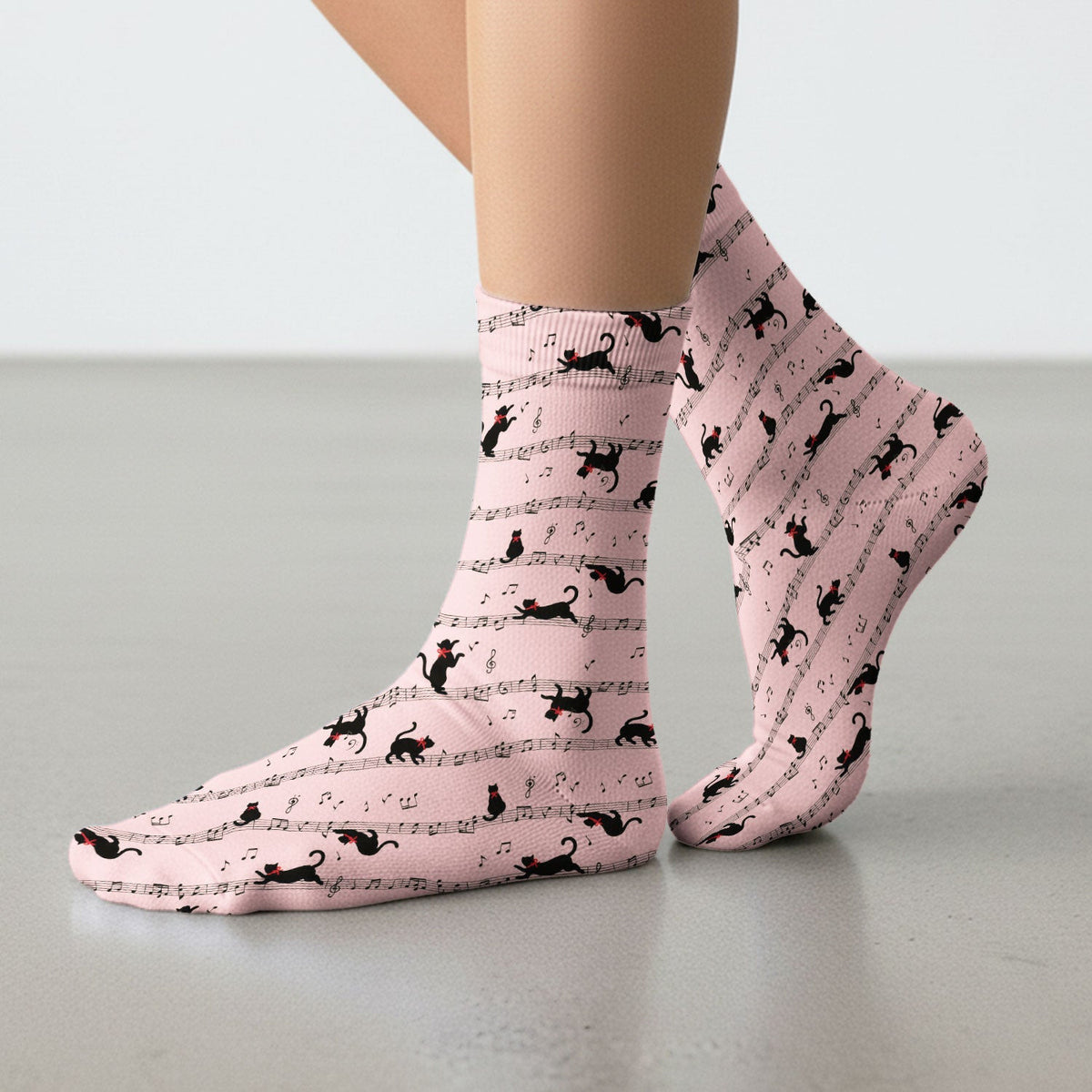 Cute Dancing Black Cat Music Staff Pattern Scrub Socks, Socks for Nurse Doctor