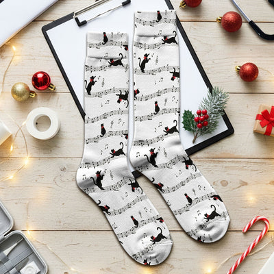 Cute Dancing Black Cat Music Staff Pattern Scrub Socks, Socks for Nurse Doctor