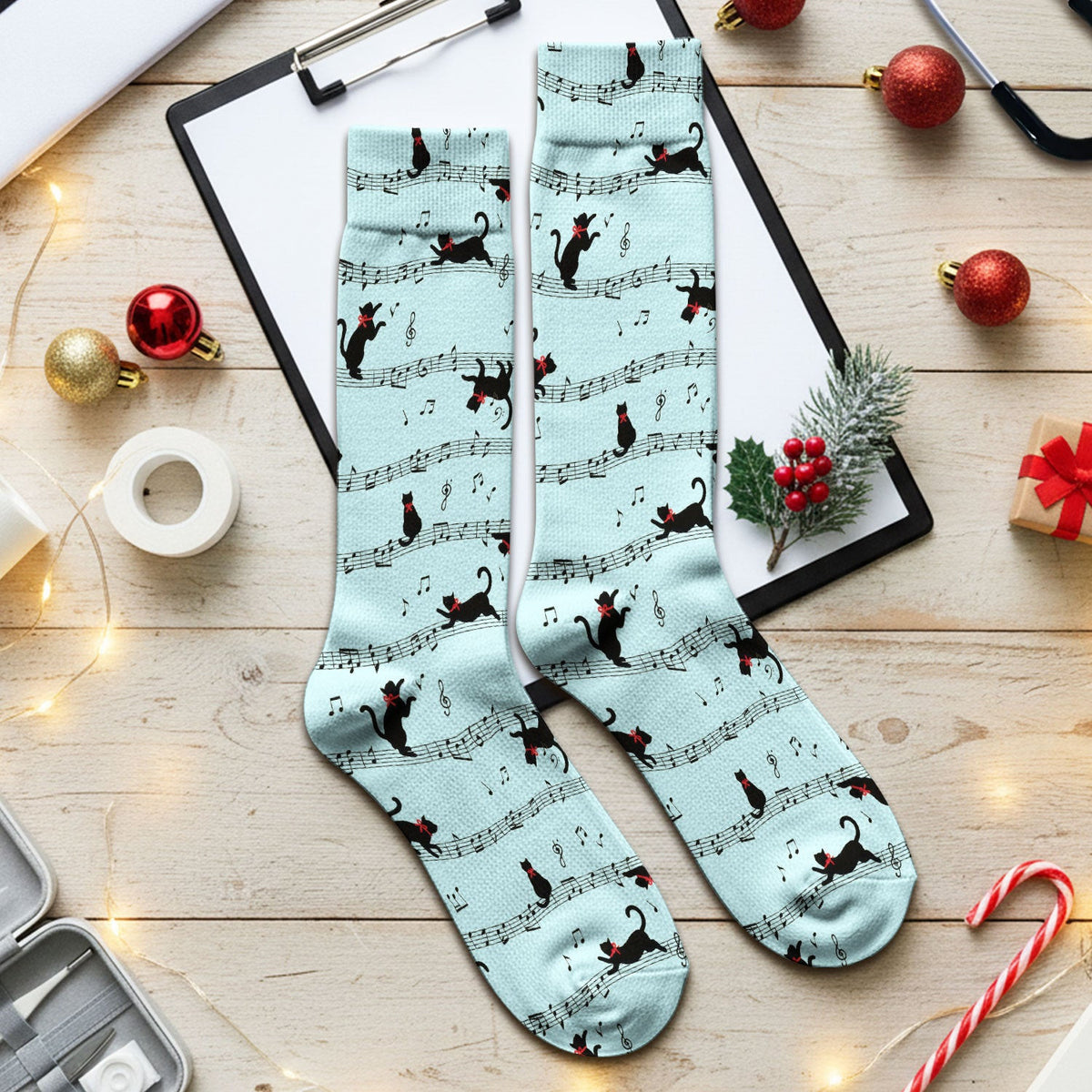 Cute Dancing Black Cat Music Staff Pattern Scrub Socks, Socks for Nurse Doctor