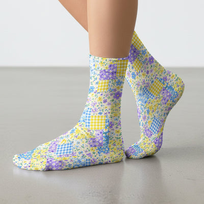 Cute Floral Patchwork Gingham Pattern Socks, Socks for Nurse Doctor