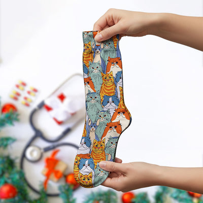 Cute Multicolor Cat Faces Illustration Pattern Nurse Socks, Socks for Nurse Doctor