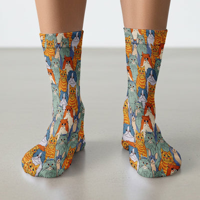 Cute Multicolor Cat Faces Illustration Pattern Nurse Socks, Socks for Nurse Doctor