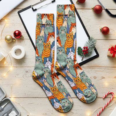 Cute Multicolor Cat Faces Illustration Pattern Nurse Socks, Socks for Nurse Doctor