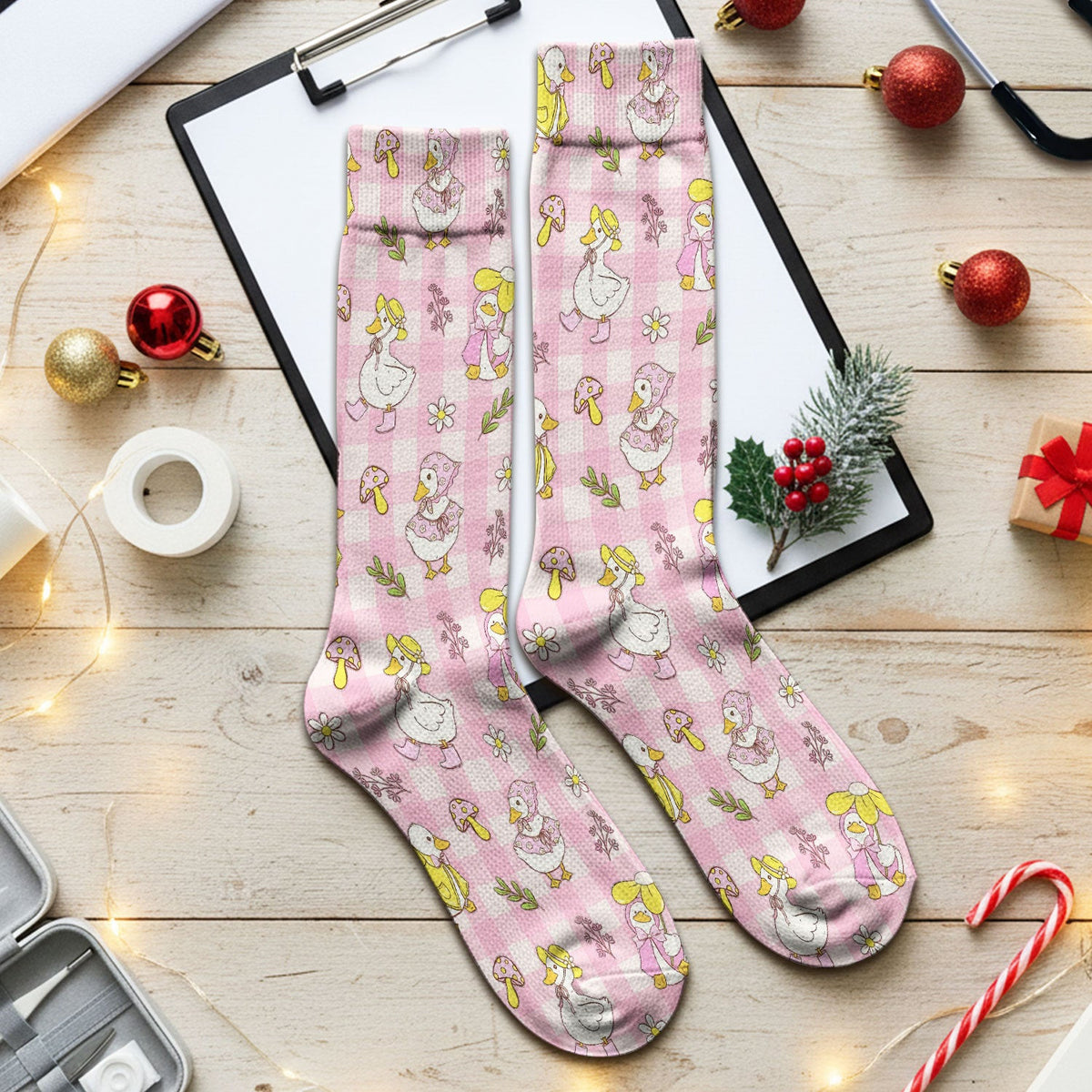 Cute Duck Outfit Gingham Pattern Scrub Socks, Socks for Nurse Doctor