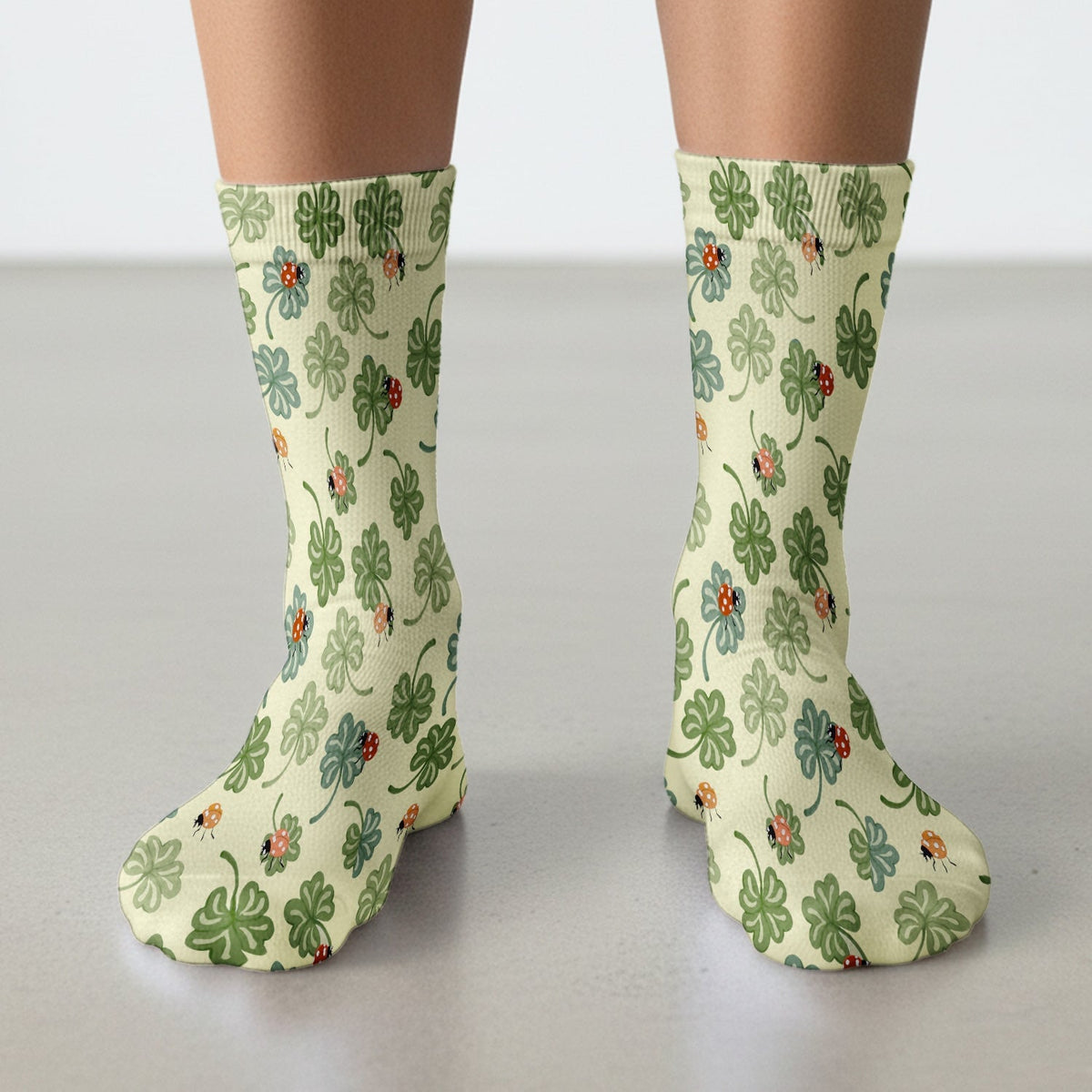 Clover and Ladybug Lucky Garden Pattern Socks, Adult Socks for Men and Women