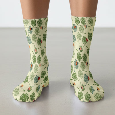 Clover and Ladybug Lucky Garden Pattern Socks, Adult Socks for Men and Women