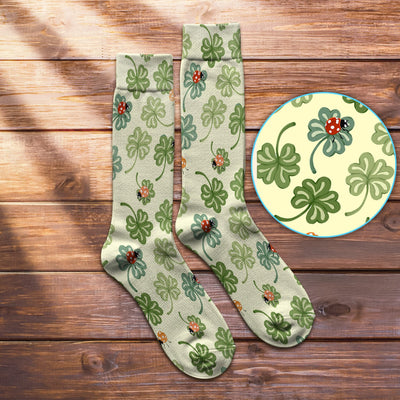Clover and Ladybug Lucky Garden Pattern Socks, Adult Socks for Men and Women