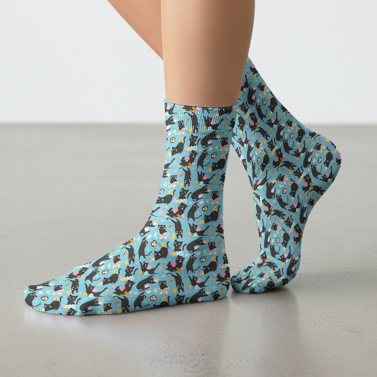Playful Black Cat Easter Egg Pattern Socks, Breathable Fabrics Medical Uniform