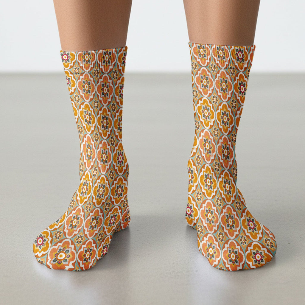 Orange Retro Geometric Floral Pattern Socks, Socks for Nurse Doctor