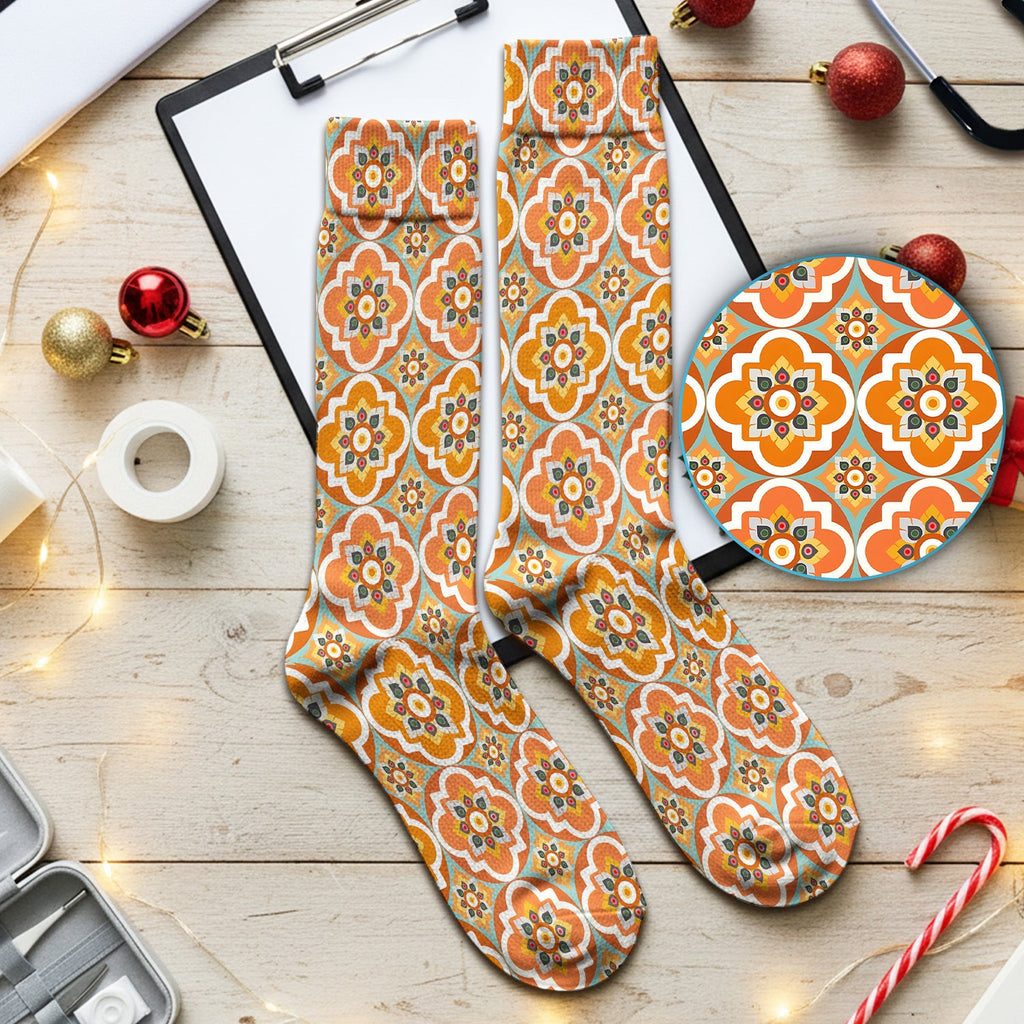 Orange Retro Geometric Floral Pattern Socks, Socks for Nurse Doctor