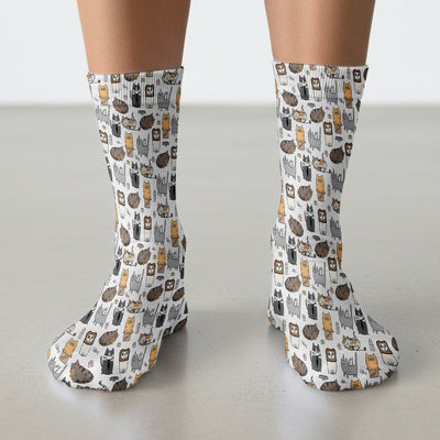 Lazy Cat Doodle Pattern Socks, All Over Cozy Kitty Nurse Socks for Women