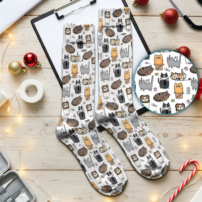 Lazy Cat Doodle Pattern Socks, All Over Cozy Kitty Nurse Socks for Women