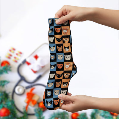 Cute Retro Cat Faces Checkerboard Print Socks, Socks for Nurse Doctor