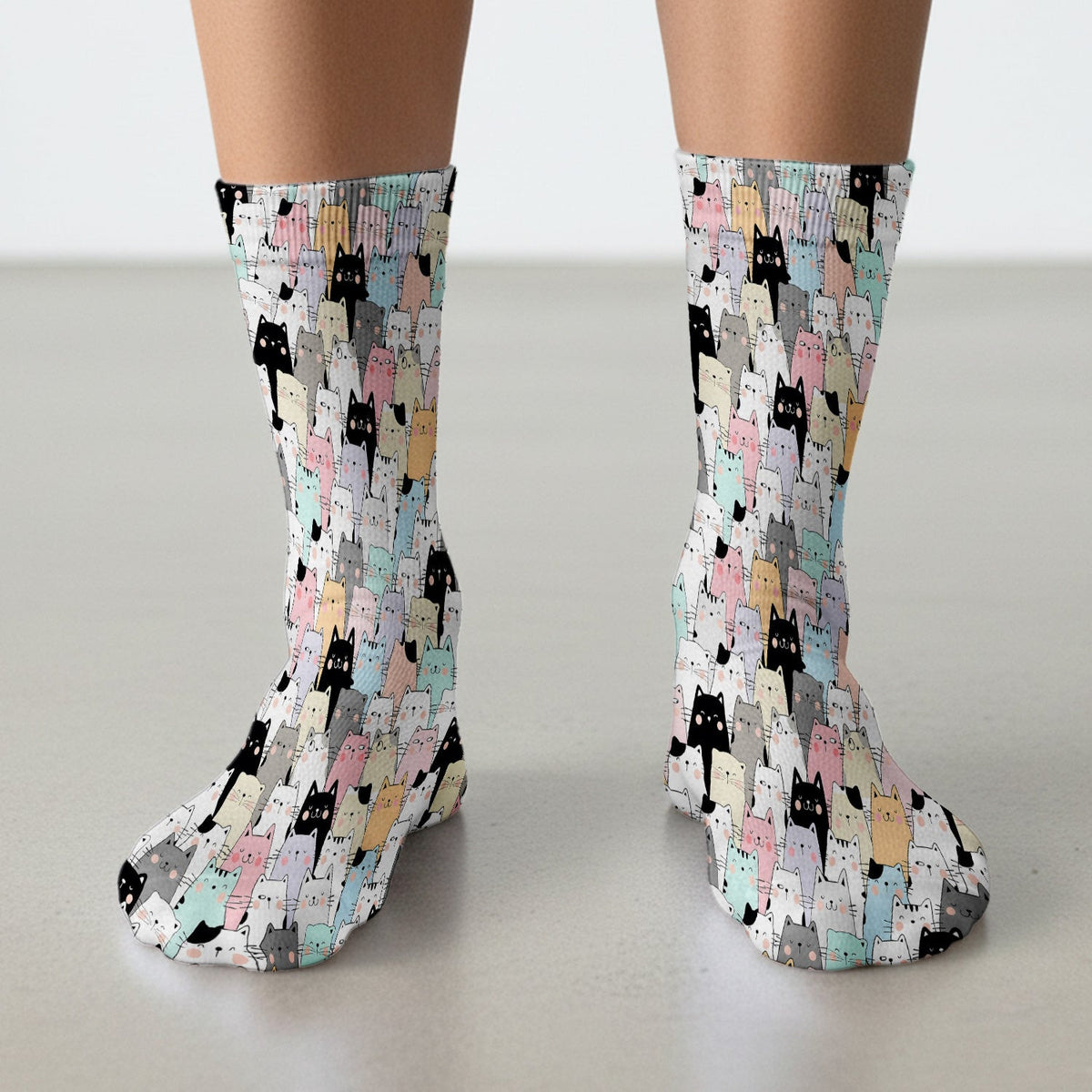 Playful Cartoon Cat Crowd Pattern Print Socks, Socks for Nurse Doctor