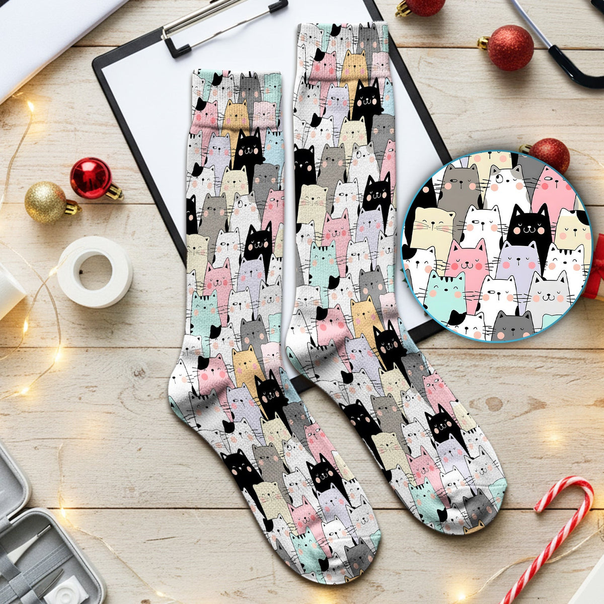Playful Cartoon Cat Crowd Pattern Print Socks, Socks for Nurse Doctor
