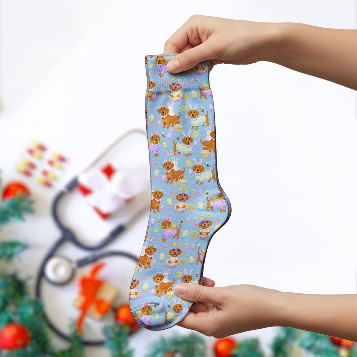 Cute Easter Dachshund Dog Pattern Socks, Adult Socks for Men and Women