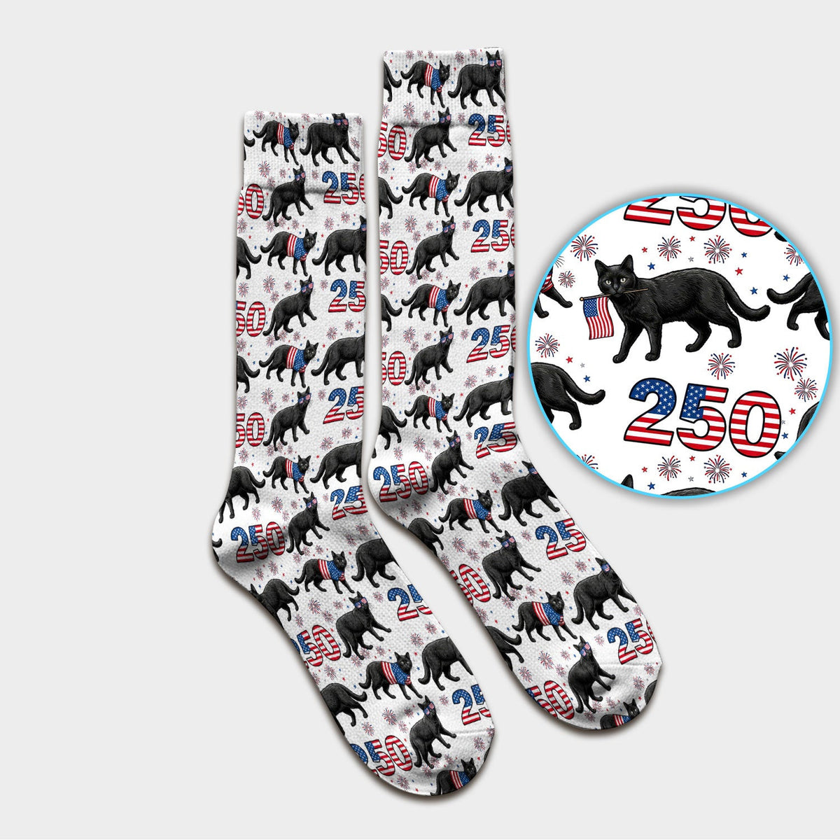 Black Cat 250 USA Flag Fireworks Pattern Socks, Adult Socks for Men and Women