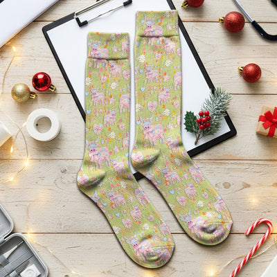 Cute Girly Cow Daisy Pastel Pattern Socks, Socks for Nurse Doctor