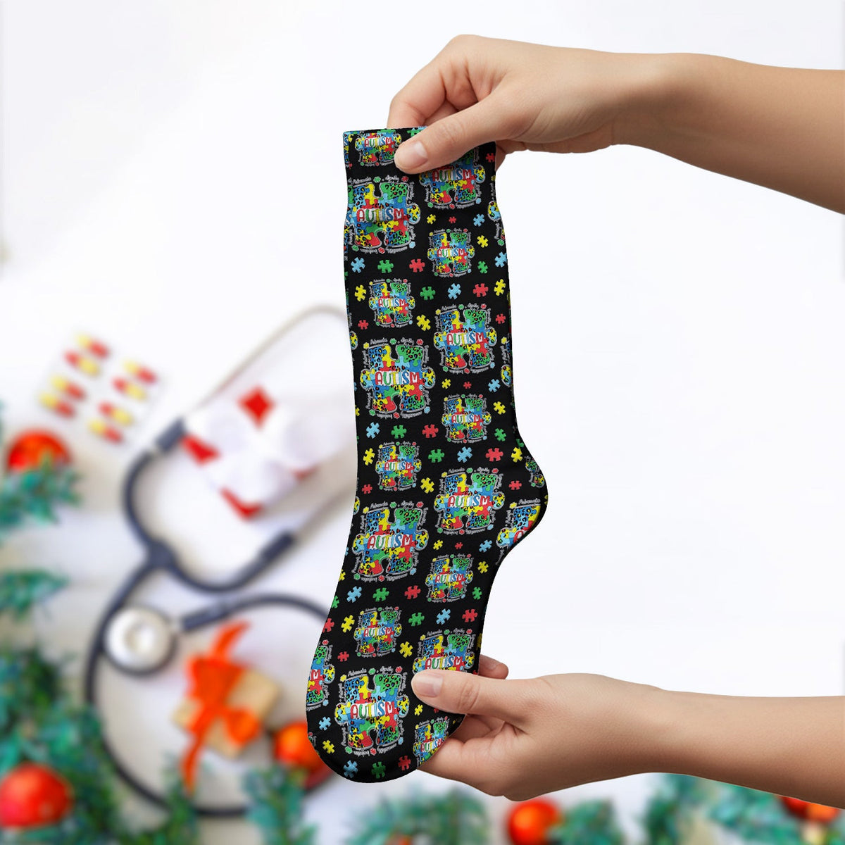 Autism Awareness Puzzle Pattern Print Socks, Adult Socks for Men and Women
