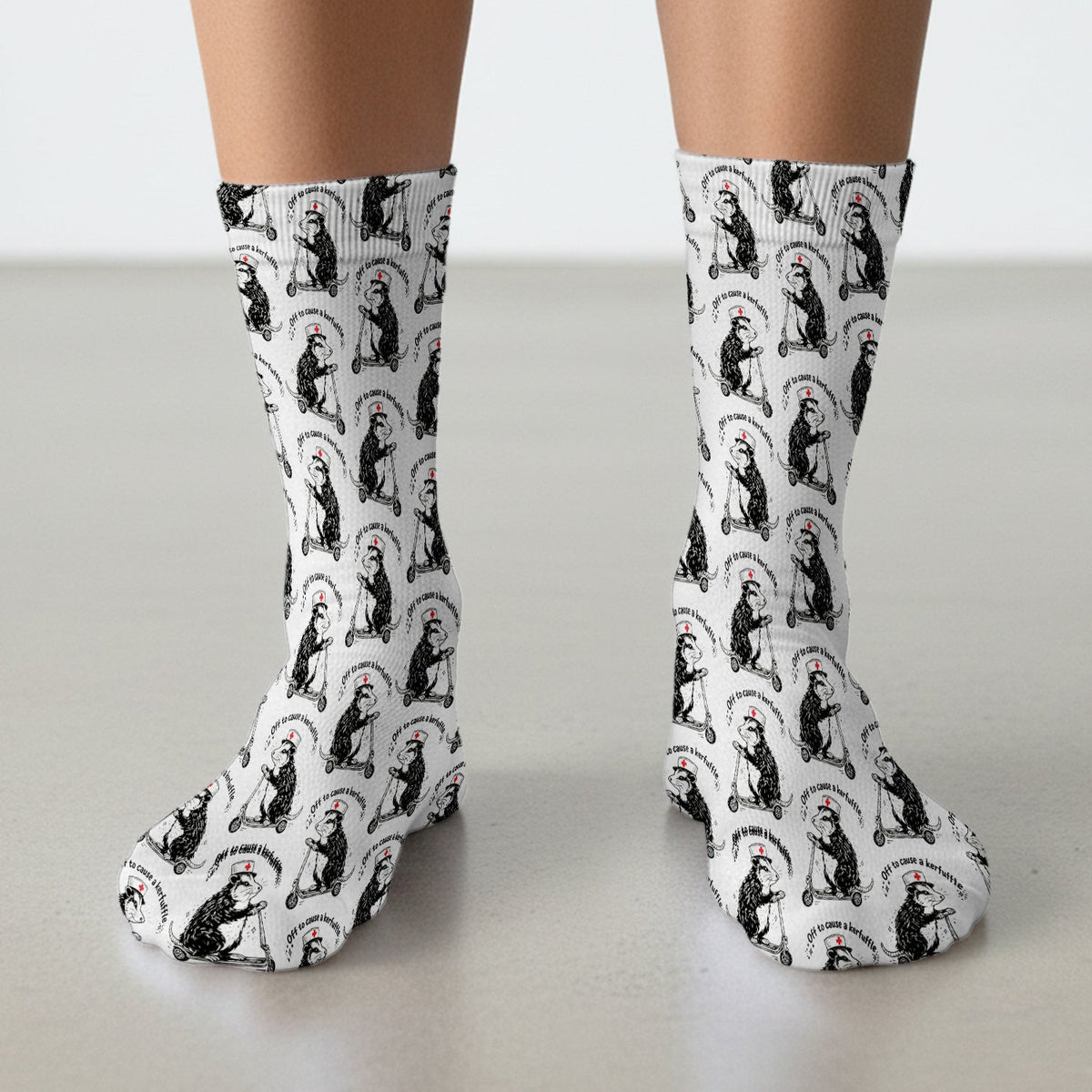 Funny Opossum Nurse Riding Scooter Pattern Socks, Socks for Nurse Doctor