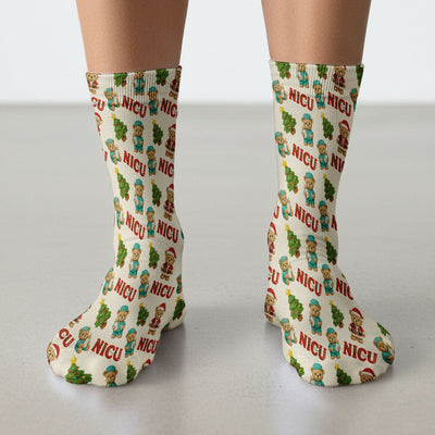 Festive Christmas NICU Nurse Teddy Bear Pattern Print Socks, Adult Socks for Men and Women