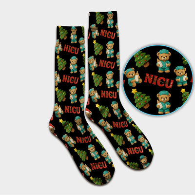 Festive Christmas NICU Nurse Teddy Bear Pattern Print Socks, Adult Socks for Men and Women