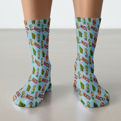 Festive Christmas NICU Nurse Teddy Bear Pattern Print Socks, Adult Socks for Men and Women