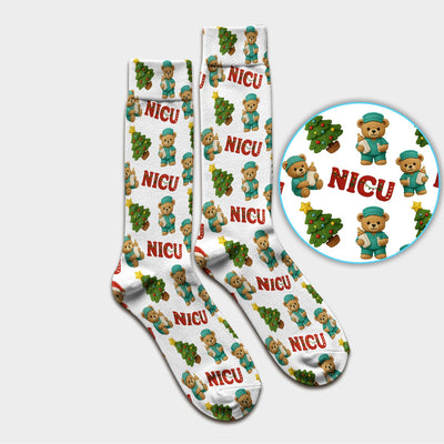 Festive Christmas NICU Nurse Teddy Bear Pattern Print Socks, Adult Socks for Men and Women