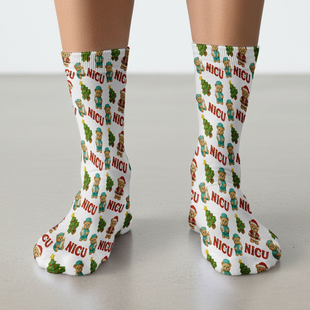 Festive Christmas NICU Nurse Teddy Bear Pattern Print Socks, Adult Socks for Men and Women