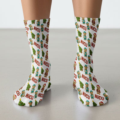 Festive Christmas NICU Nurse Teddy Bear Pattern Print Socks, Adult Socks for Men and Women